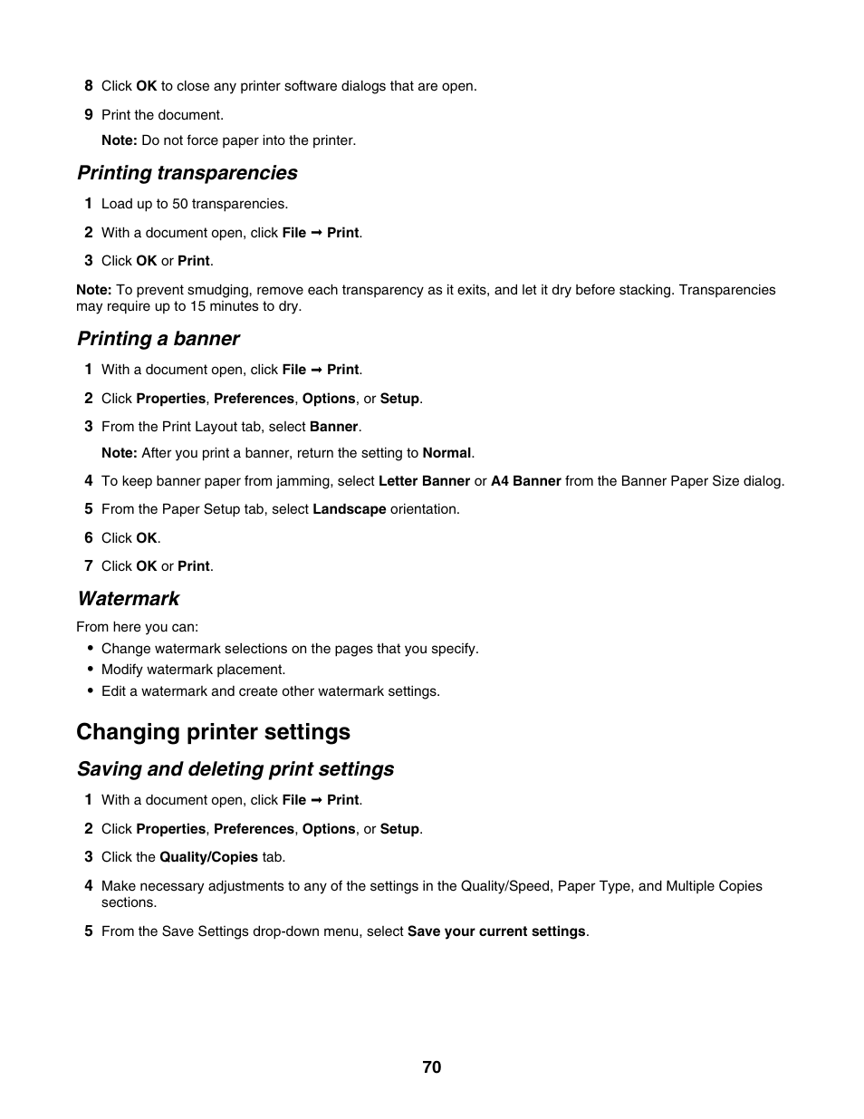 Printing transparencies, Printing a banner, Watermark | Changing printer settings, Saving and deleting print settings | Lexmark 5000 Series User Manual | Page 70 / 171