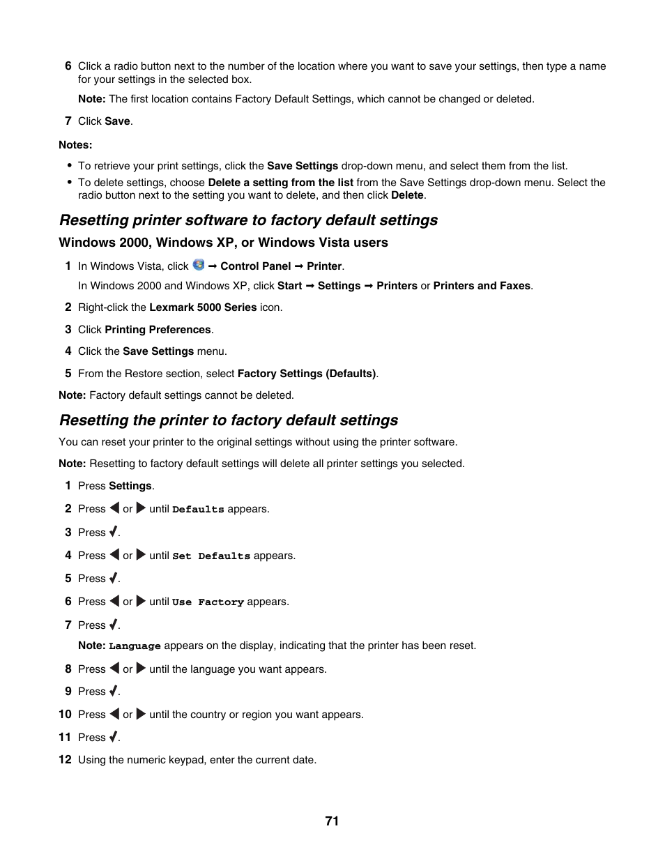 Resetting the printer to factory default settings | Lexmark 5000 Series User Manual | Page 71 / 171
