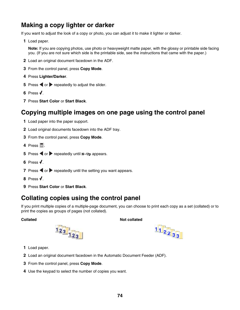Making a copy lighter or darker, Collating copies using the control panel | Lexmark 5000 Series User Manual | Page 74 / 171