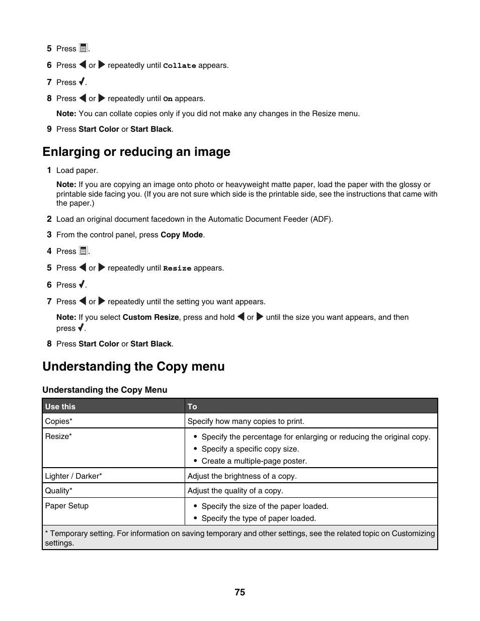 Enlarging or reducing an image, Understanding the copy menu | Lexmark 5000 Series User Manual | Page 75 / 171