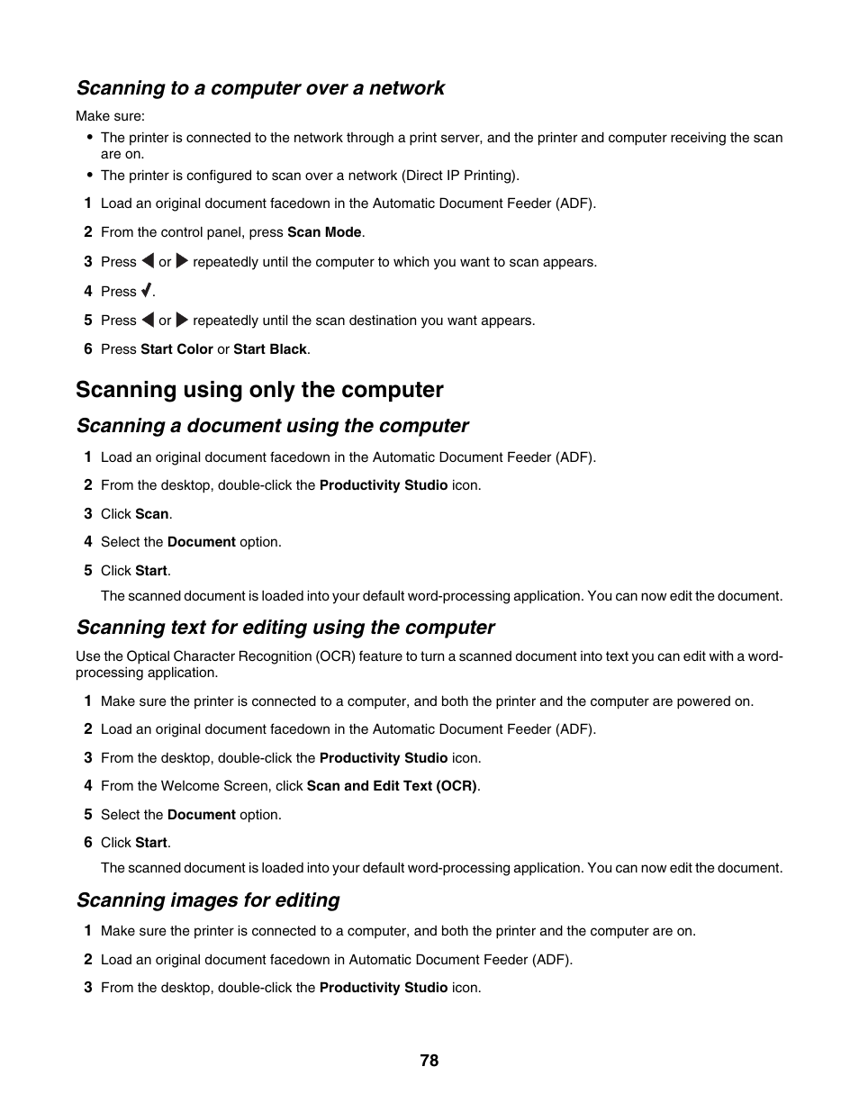 Scanning to a computer over a network, Scanning using only the computer, Scanning a document using the computer | Scanning text for editing using the computer, Scanning images for editing | Lexmark 5000 Series User Manual | Page 78 / 171