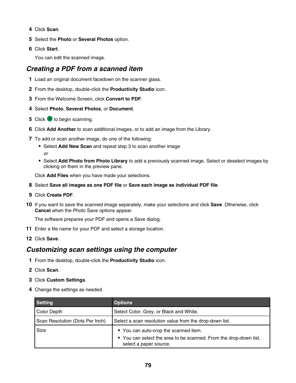 Creating a pdf from a scanned item, Customizing scan settings using the computer | Lexmark 5000 Series User Manual | Page 79 / 171