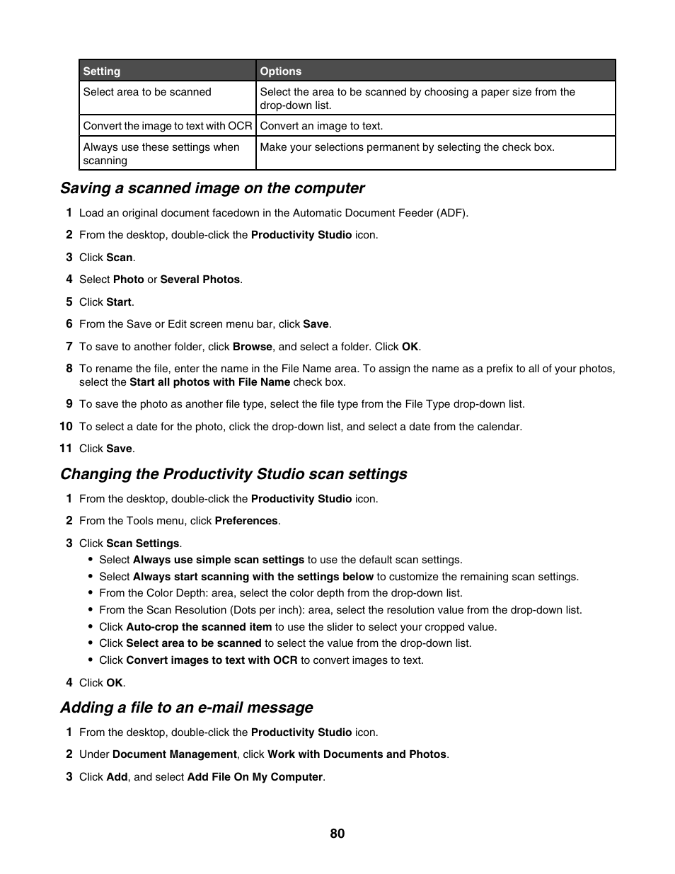 Saving a scanned image on the computer, Changing the productivity studio scan settings, Adding a file to an e-mail message | Lexmark 5000 Series User Manual | Page 80 / 171