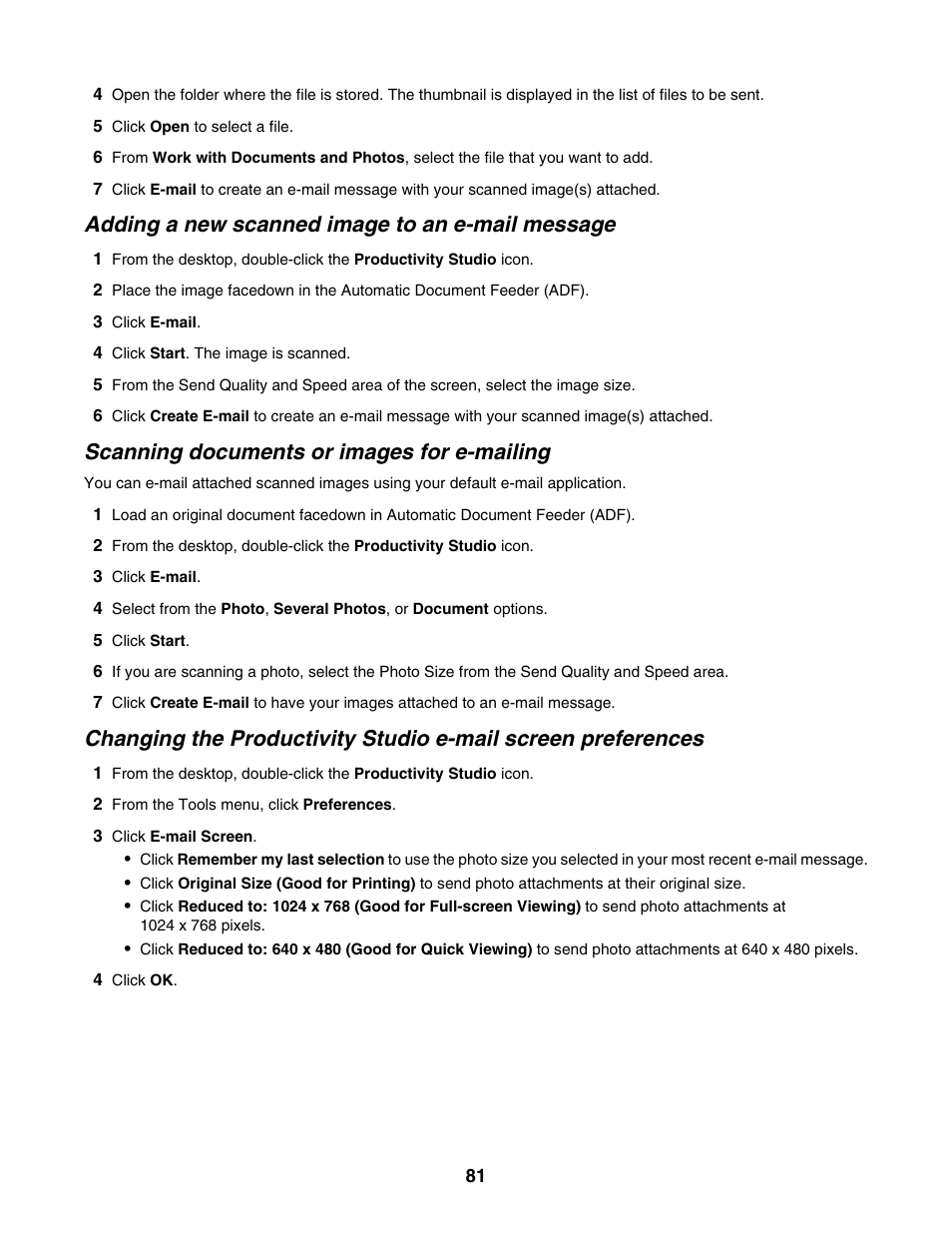 Adding a new scanned image to an e-mail message, Scanning documents or images for e-mailing | Lexmark 5000 Series User Manual | Page 81 / 171
