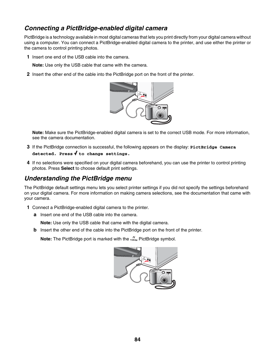 Connecting a pictbridge-enabled digital camera, Understanding the pictbridge menu | Lexmark 5000 Series User Manual | Page 84 / 171