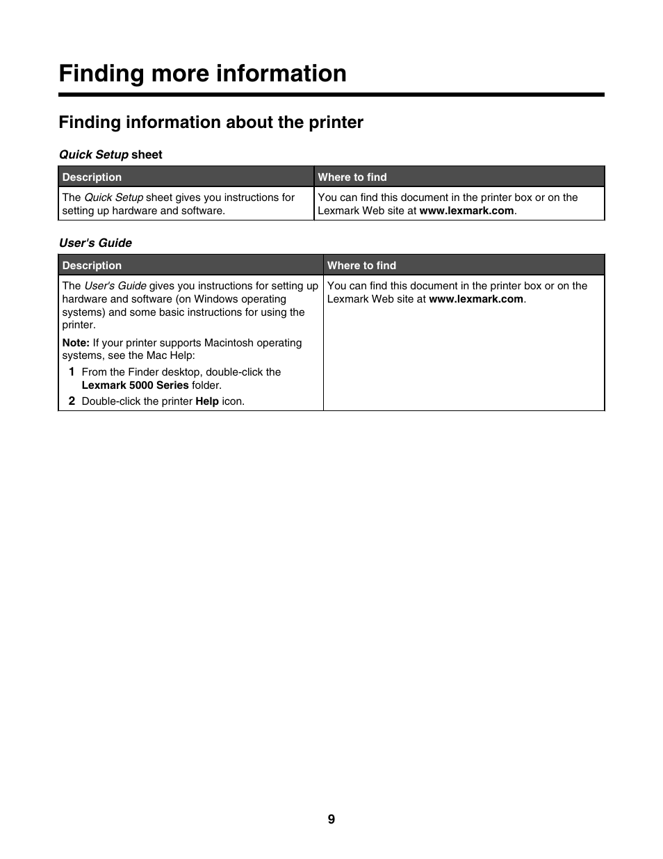 Finding more information, Finding information about the printer | Lexmark 5000 Series User Manual | Page 9 / 171