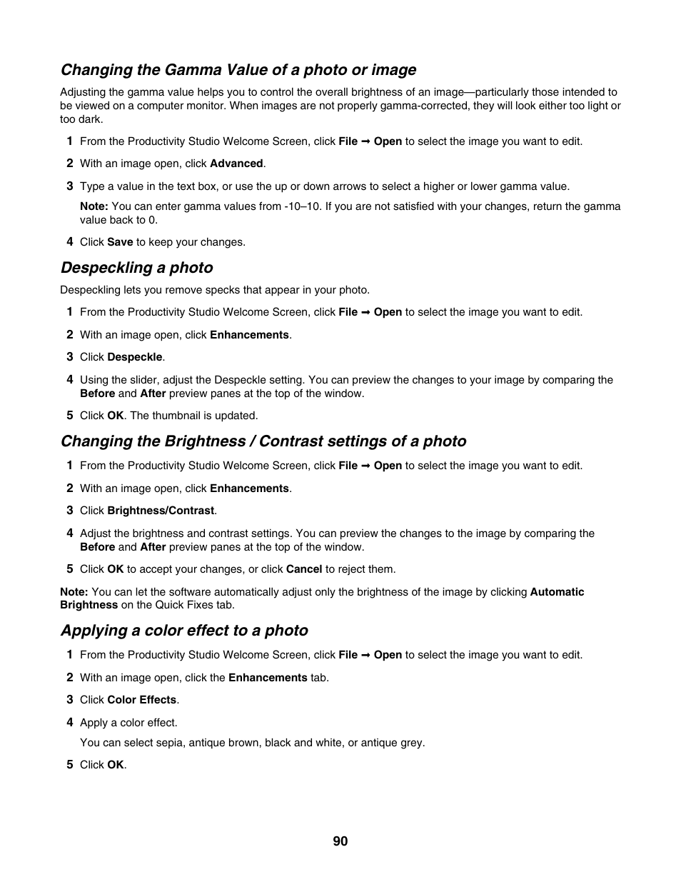 Changing the gamma value of a photo or image, Despeckling a photo, Applying a color effect to a photo | Lexmark 5000 Series User Manual | Page 90 / 171