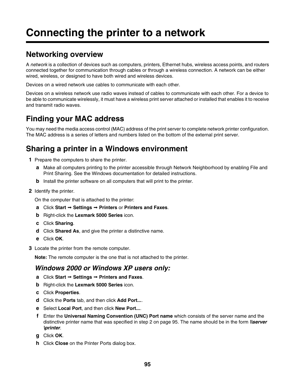 Connecting the printer to a network, Networking overview, Finding your mac address | Sharing a printer in a windows environment, Windows 2000 or windows xp users only | Lexmark 5000 Series User Manual | Page 95 / 171