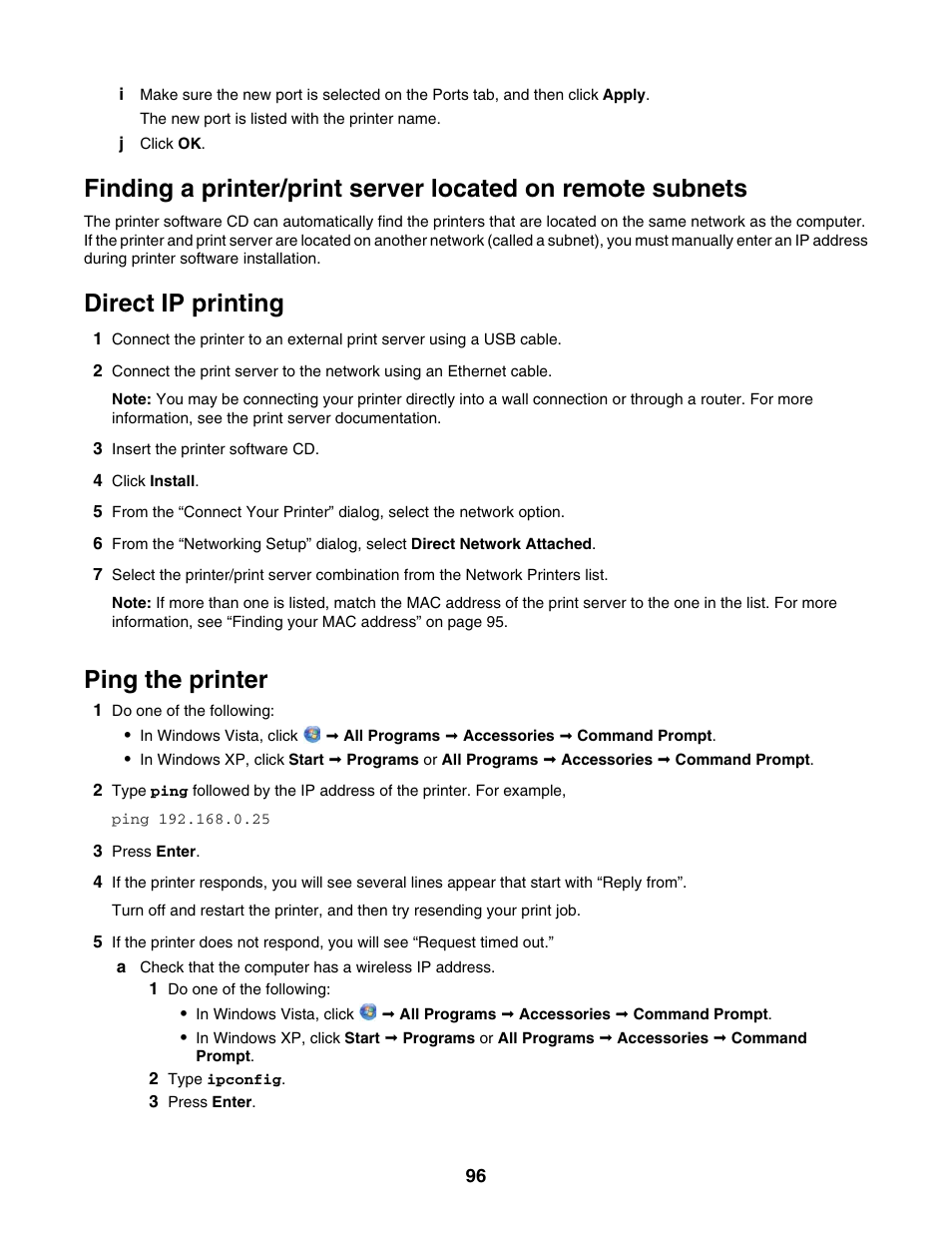 Direct ip printing, Ping the printer | Lexmark 5000 Series User Manual | Page 96 / 171