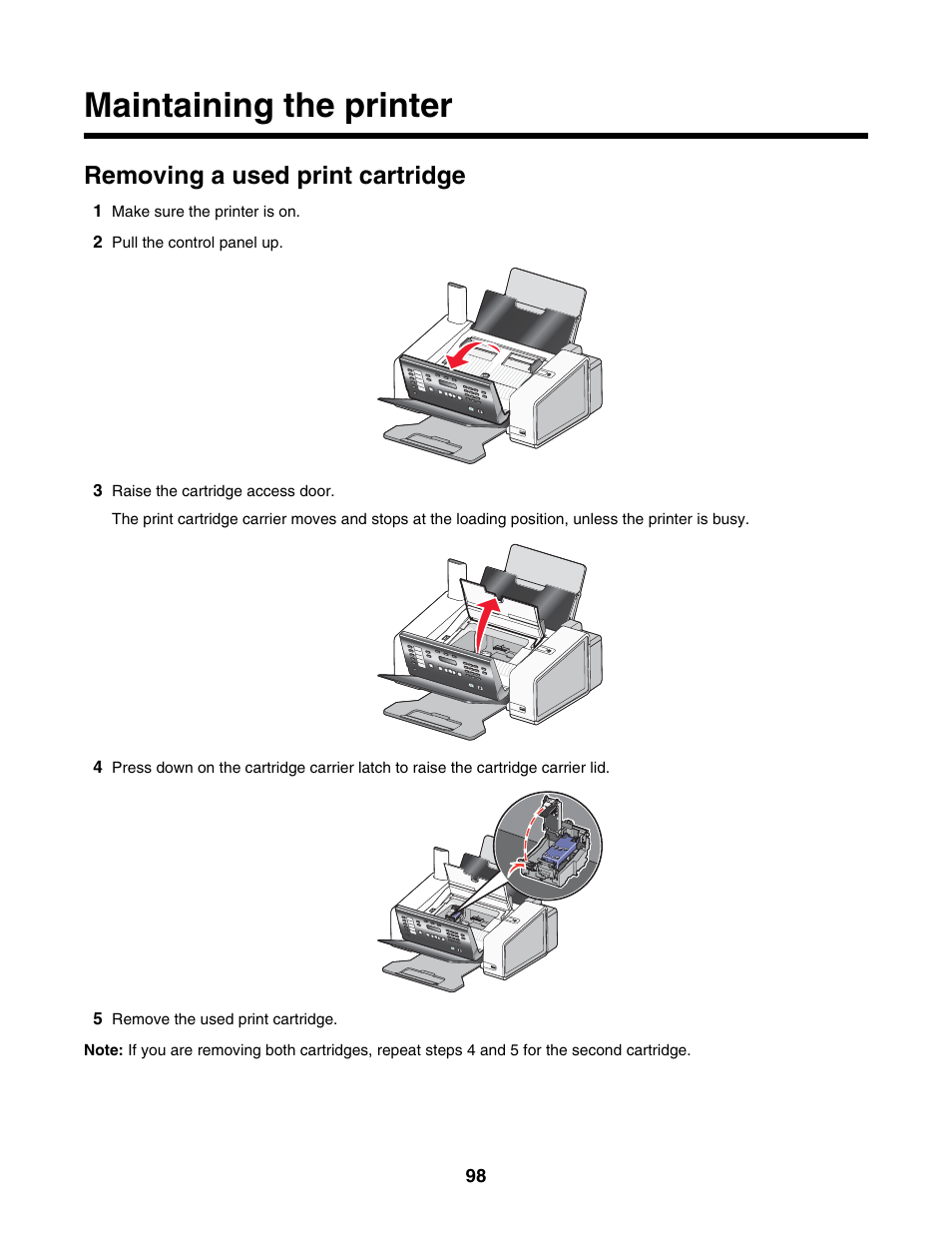 Maintaining the printer, Removing a used print cartridge | Lexmark 5000 Series User Manual | Page 98 / 171
