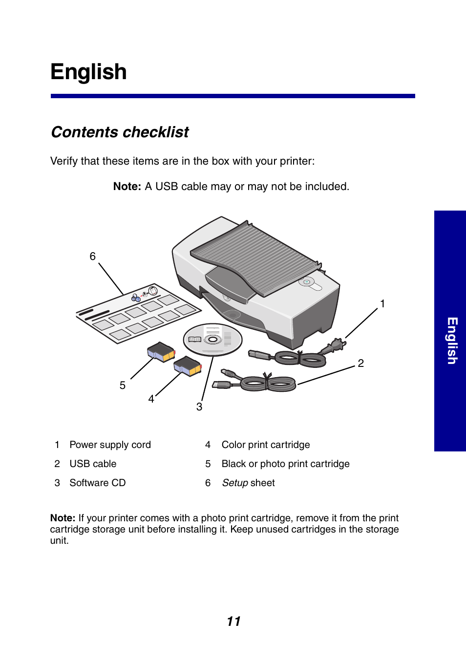 English, Contents checklist, 11 englis h | Lexmark 810 Series User Manual | Page 11 / 22