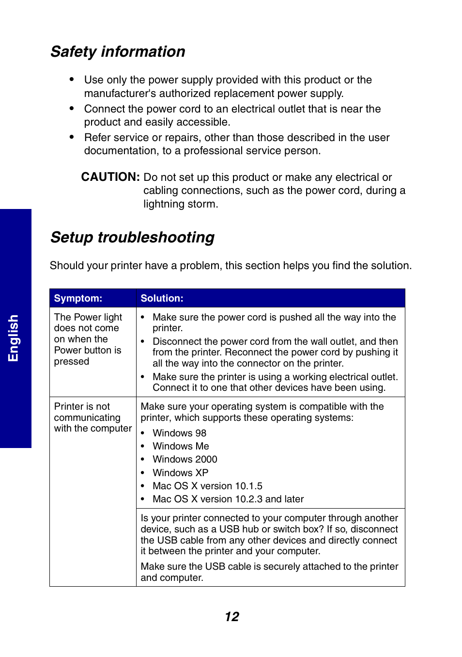 Safety information, Setup troubleshooting, 12 englis h | Lexmark 810 Series User Manual | Page 12 / 22