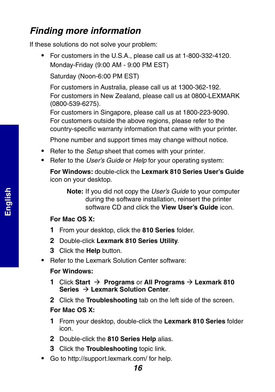 Finding more information, 16 englis h | Lexmark 810 Series User Manual | Page 16 / 22