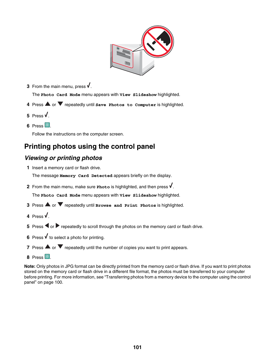 Printing photos using the control panel, Viewing or printing photos | Lexmark 9300 Series User Manual | Page 101 / 198