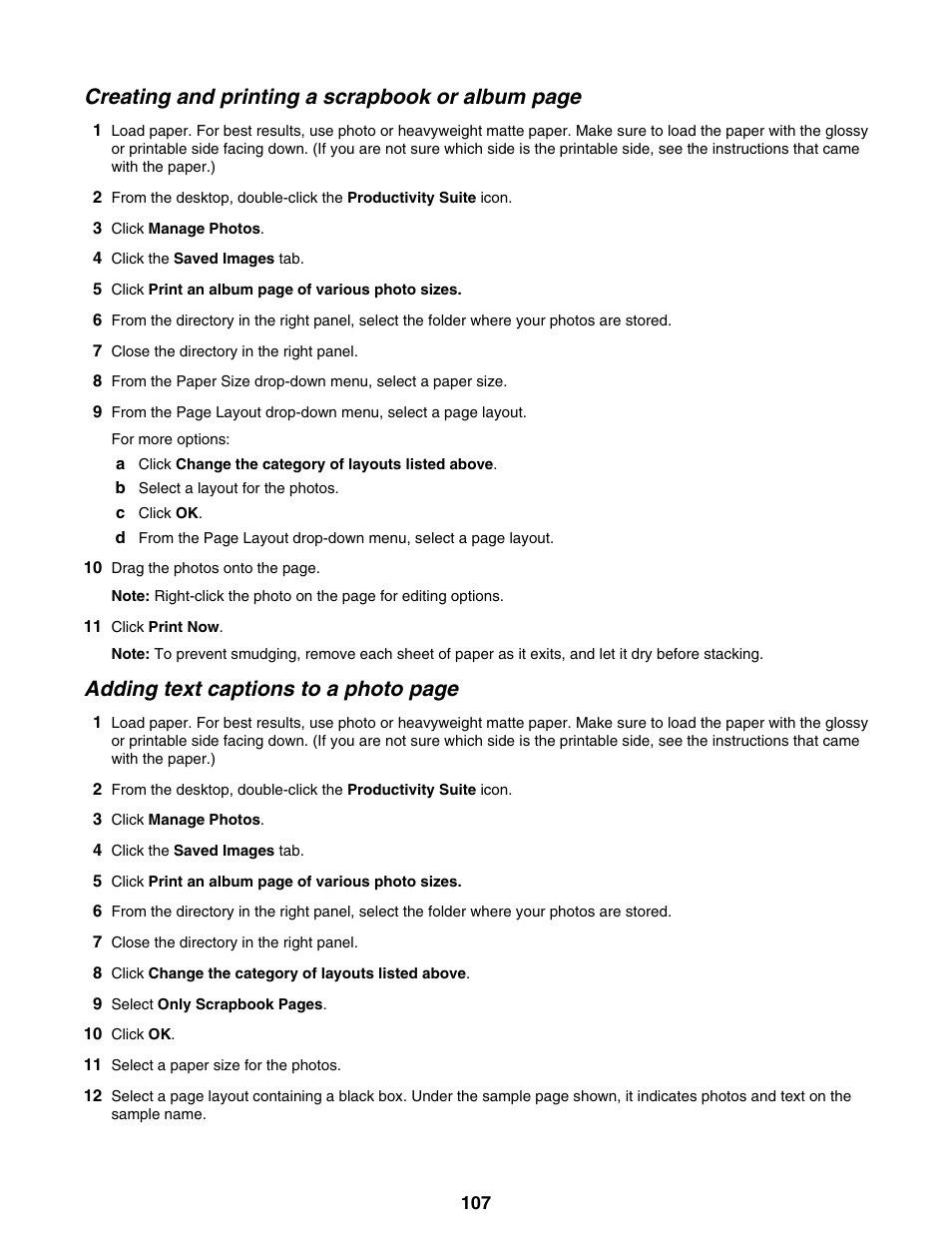Creating and printing a scrapbook or album page, Adding text captions to a photo page | Lexmark 9300 Series User Manual | Page 107 / 198