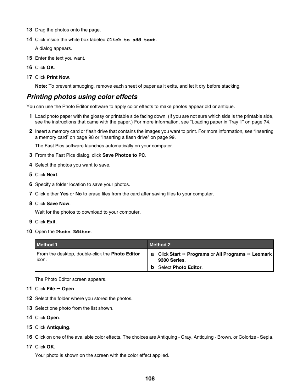 Printing photos using color effects | Lexmark 9300 Series User Manual | Page 108 / 198