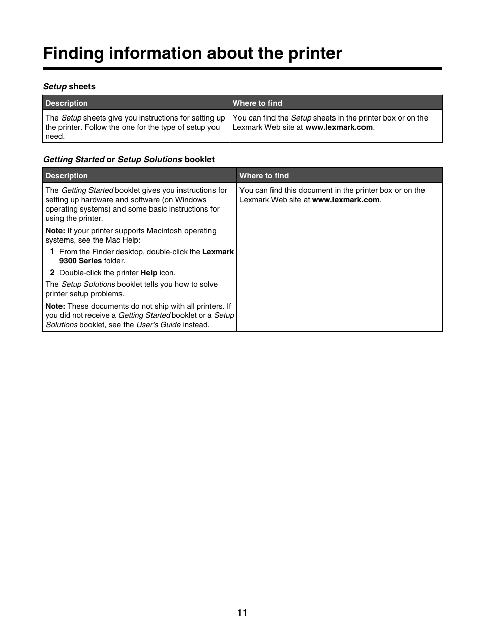 Finding information about the printer | Lexmark 9300 Series User Manual | Page 11 / 198