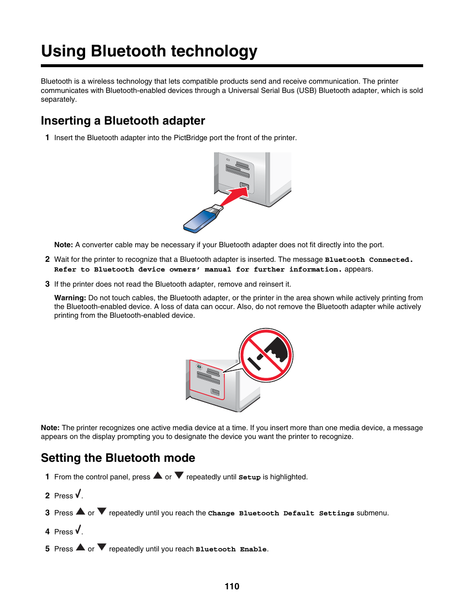 Using bluetooth technology, Inserting a bluetooth adapter, Setting the bluetooth mode | Lexmark 9300 Series User Manual | Page 110 / 198