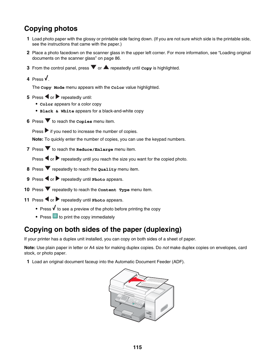 Copying photos, Copying on both sides of the paper (duplexing) | Lexmark 9300 Series User Manual | Page 115 / 198