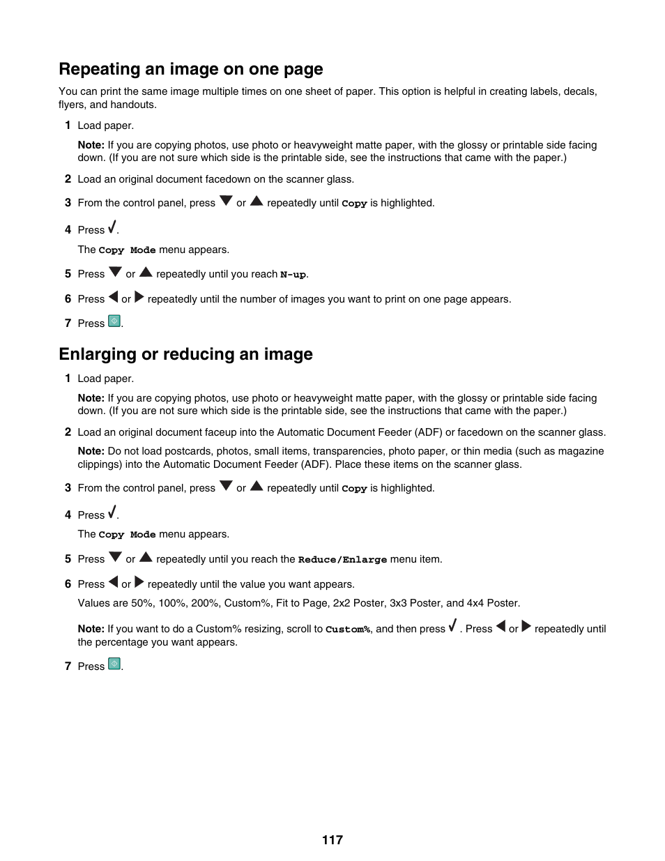 Enlarging or reducing an image, Repeating an image on one page | Lexmark 9300 Series User Manual | Page 117 / 198