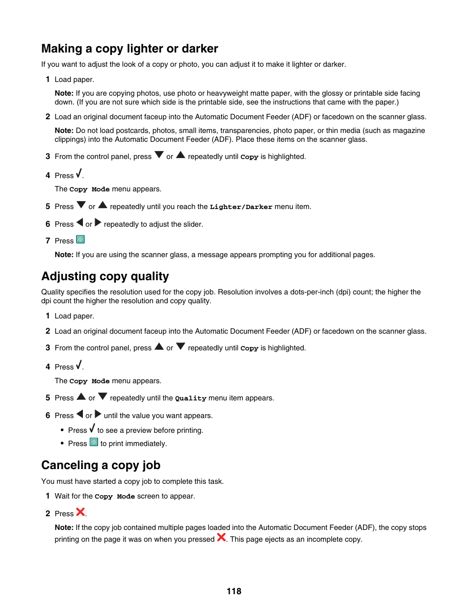 Making a copy lighter or darker, Adjusting copy quality, Canceling a copy job | Lexmark 9300 Series User Manual | Page 118 / 198