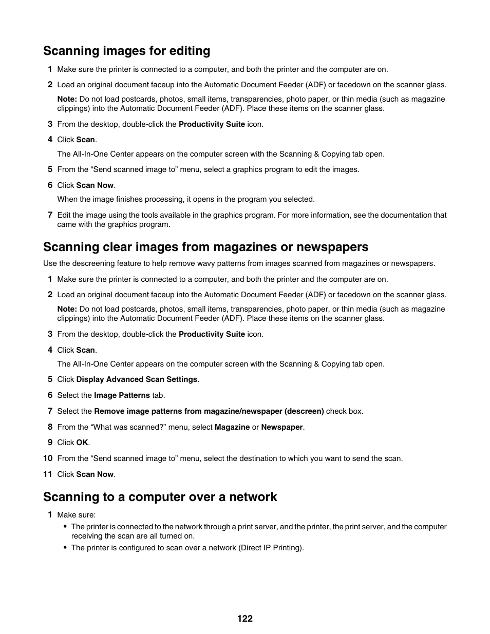 Scanning images for editing, Scanning clear images from magazines or newspapers, Scanning to a computer over a network | Lexmark 9300 Series User Manual | Page 122 / 198