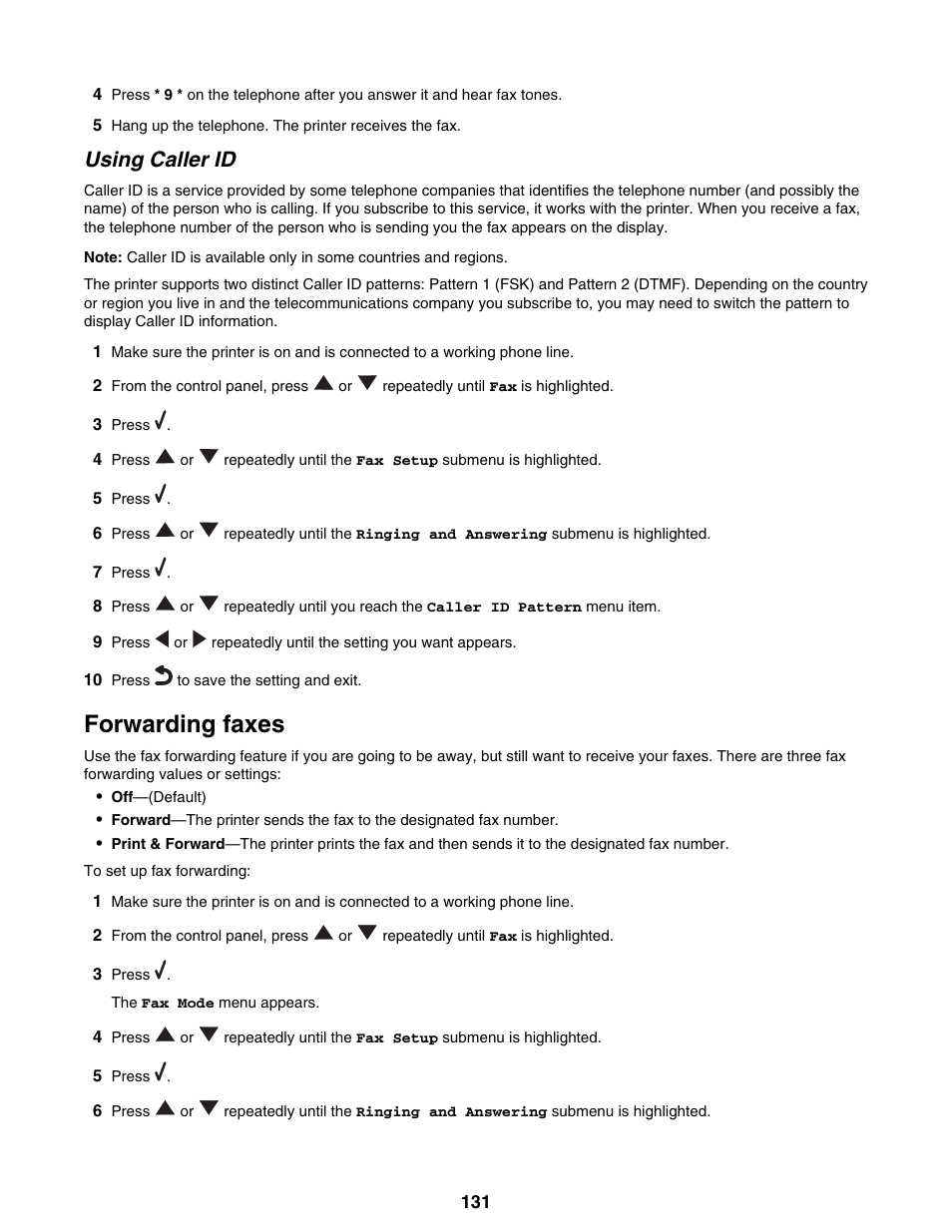 Using caller id, Forwarding faxes | Lexmark 9300 Series User Manual | Page 131 / 198