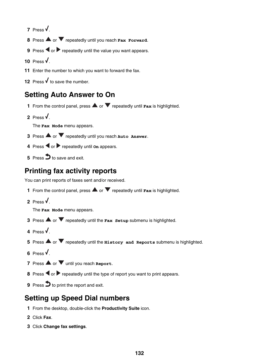 Setting auto answer to on, Printing fax activity reports, Setting up speed dial numbers | Lexmark 9300 Series User Manual | Page 132 / 198