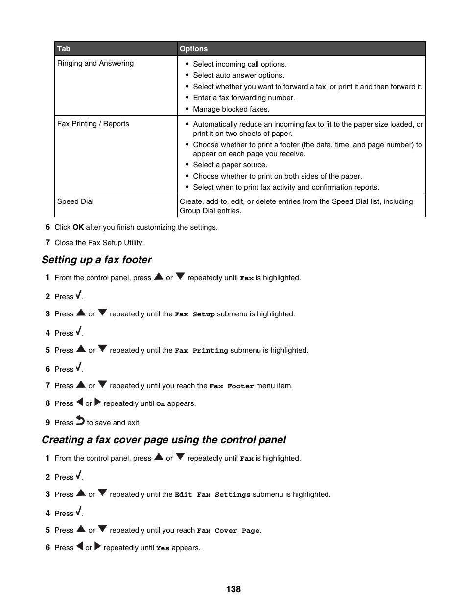 Setting up a fax footer, Creating a fax cover page using the control panel | Lexmark 9300 Series User Manual | Page 138 / 198