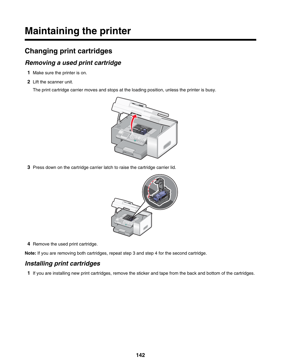 Maintaining the printer, Changing print cartridges, Removing a used print cartridge | Installing print cartridges | Lexmark 9300 Series User Manual | Page 142 / 198