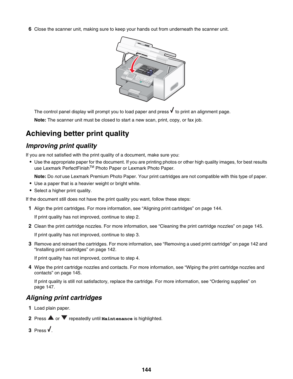 Achieving better print quality, Improving print quality, Aligning print cartridges | Lexmark 9300 Series User Manual | Page 144 / 198