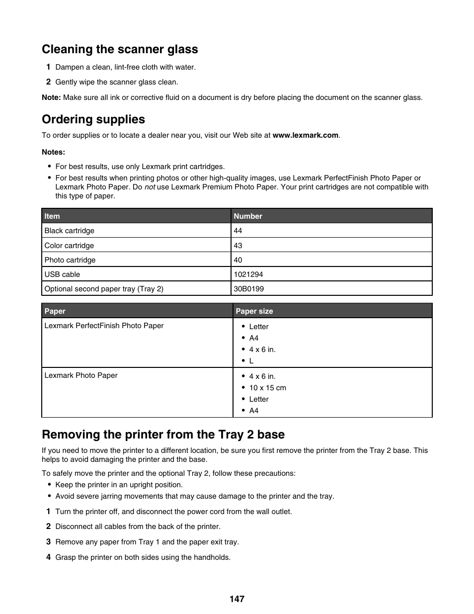 Cleaning the scanner glass, Ordering supplies, Removing the printer from the tray 2 base | Lexmark 9300 Series User Manual | Page 147 / 198