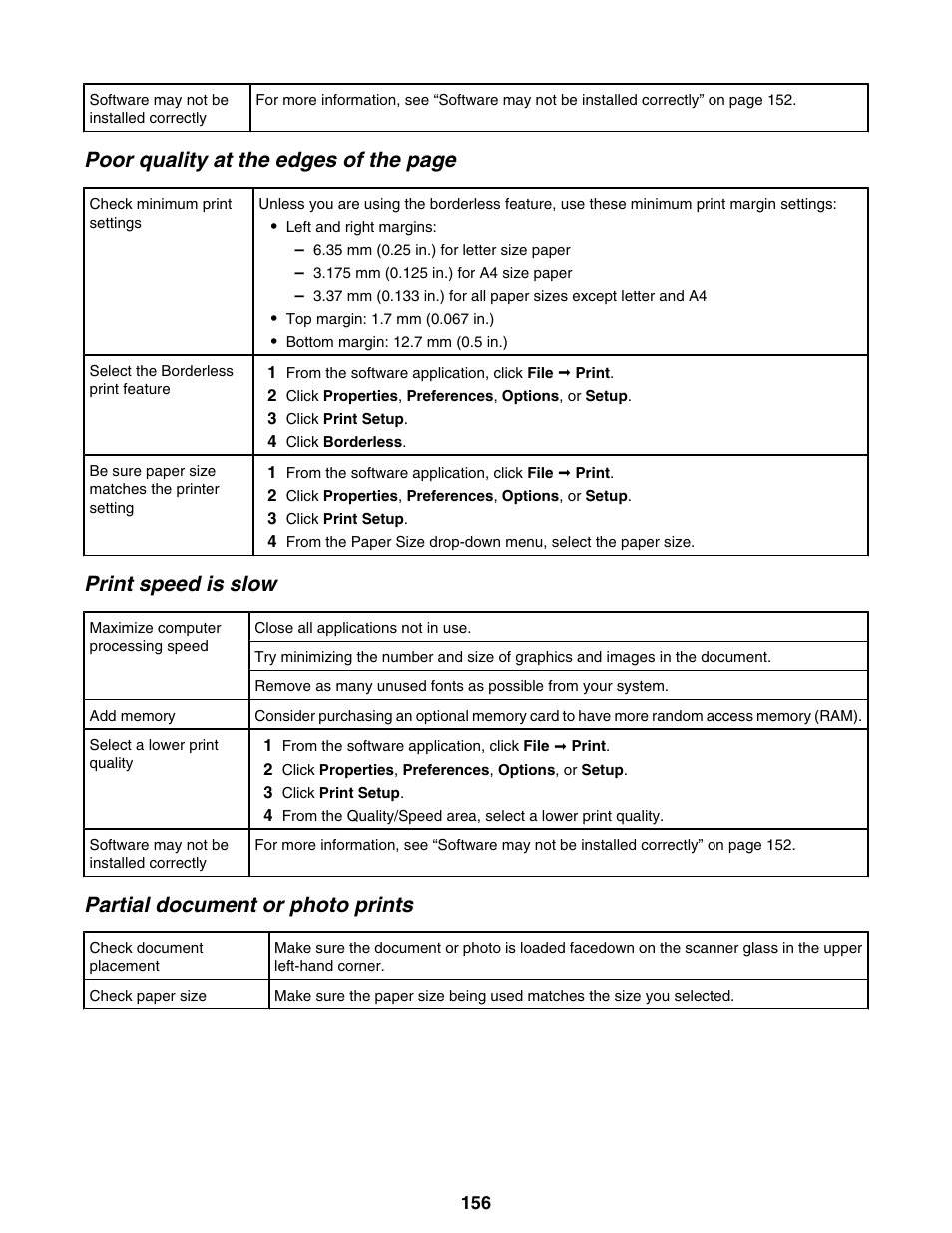 Print speed is slow, Partial document or photo prints, Poor quality at the edges of the page | Lexmark 9300 Series User Manual | Page 156 / 198