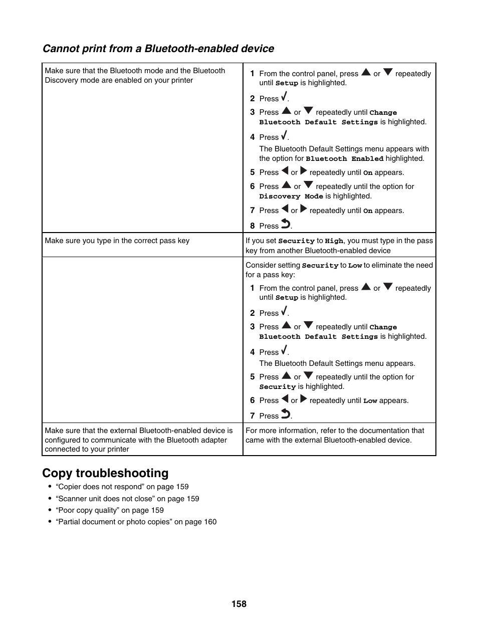 Cannot print from a bluetooth-enabled device, Copy troubleshooting | Lexmark 9300 Series User Manual | Page 158 / 198