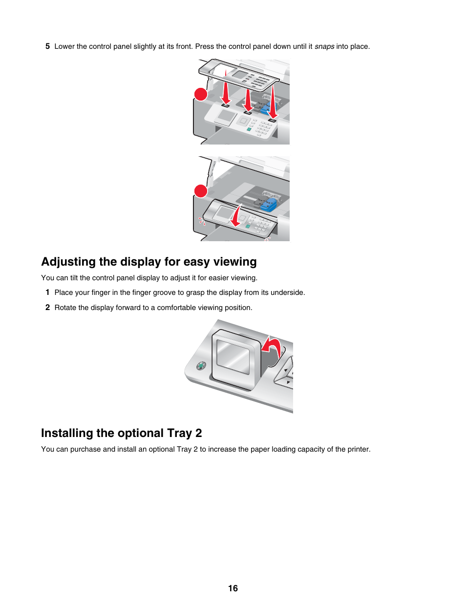 Adjusting the display for easy viewing, Installing the optional tray 2 | Lexmark 9300 Series User Manual | Page 16 / 198