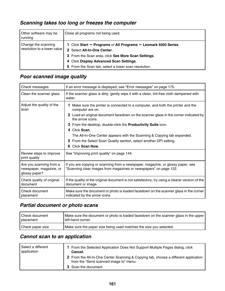 Scanning takes too long or freezes the computer, Poor scanned image quality, Partial document or photo scans | Cannot scan to an application | Lexmark 9300 Series User Manual | Page 161 / 198