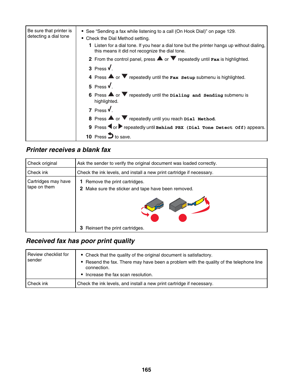 Printer receives a blank fax, Received fax has poor print quality | Lexmark 9300 Series User Manual | Page 165 / 198
