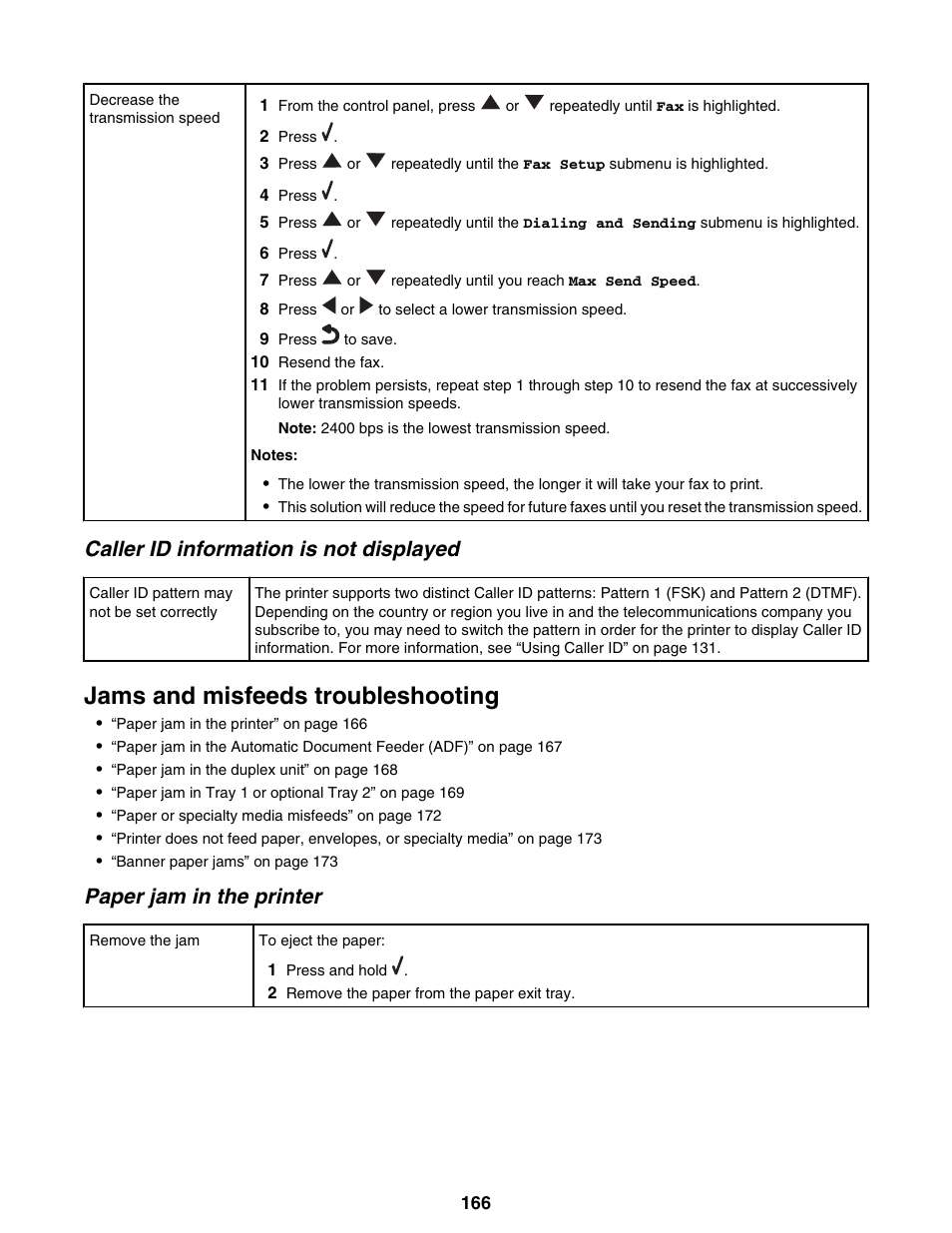 Caller id information is not displayed, Jams and misfeeds troubleshooting, Paper jam in the printer | Lexmark 9300 Series User Manual | Page 166 / 198