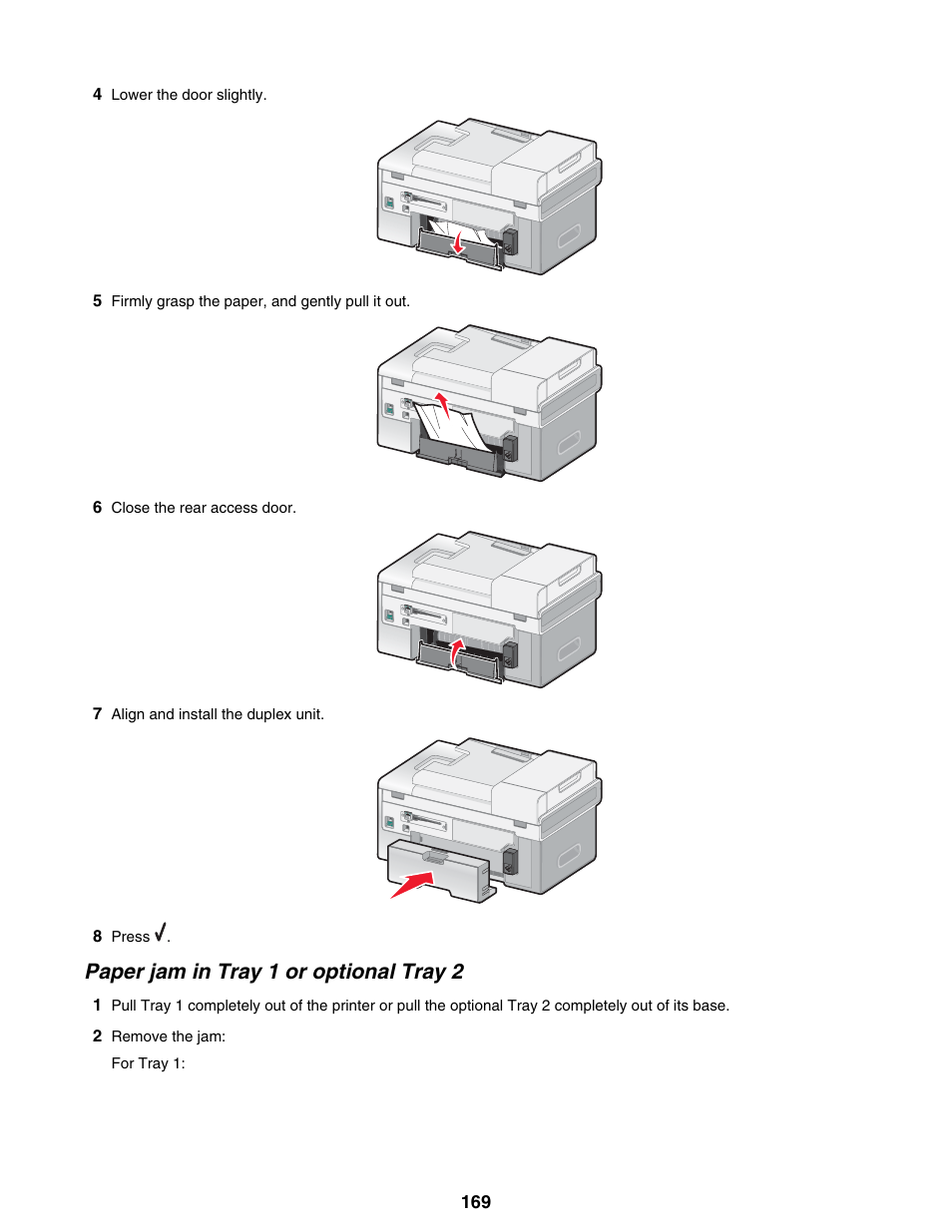 Paper jam in tray 1 or optional tray 2 | Lexmark 9300 Series User Manual | Page 169 / 198