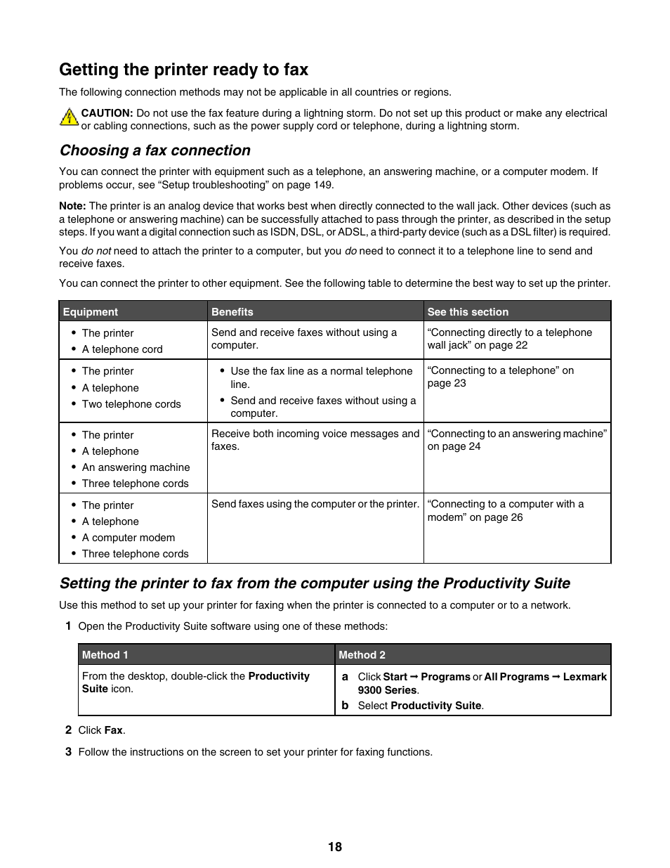 Getting the printer ready to fax, Choosing a fax connection | Lexmark 9300 Series User Manual | Page 18 / 198