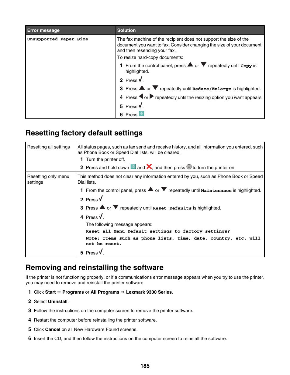 Resetting factory default settings, Removing and reinstalling the software | Lexmark 9300 Series User Manual | Page 185 / 198