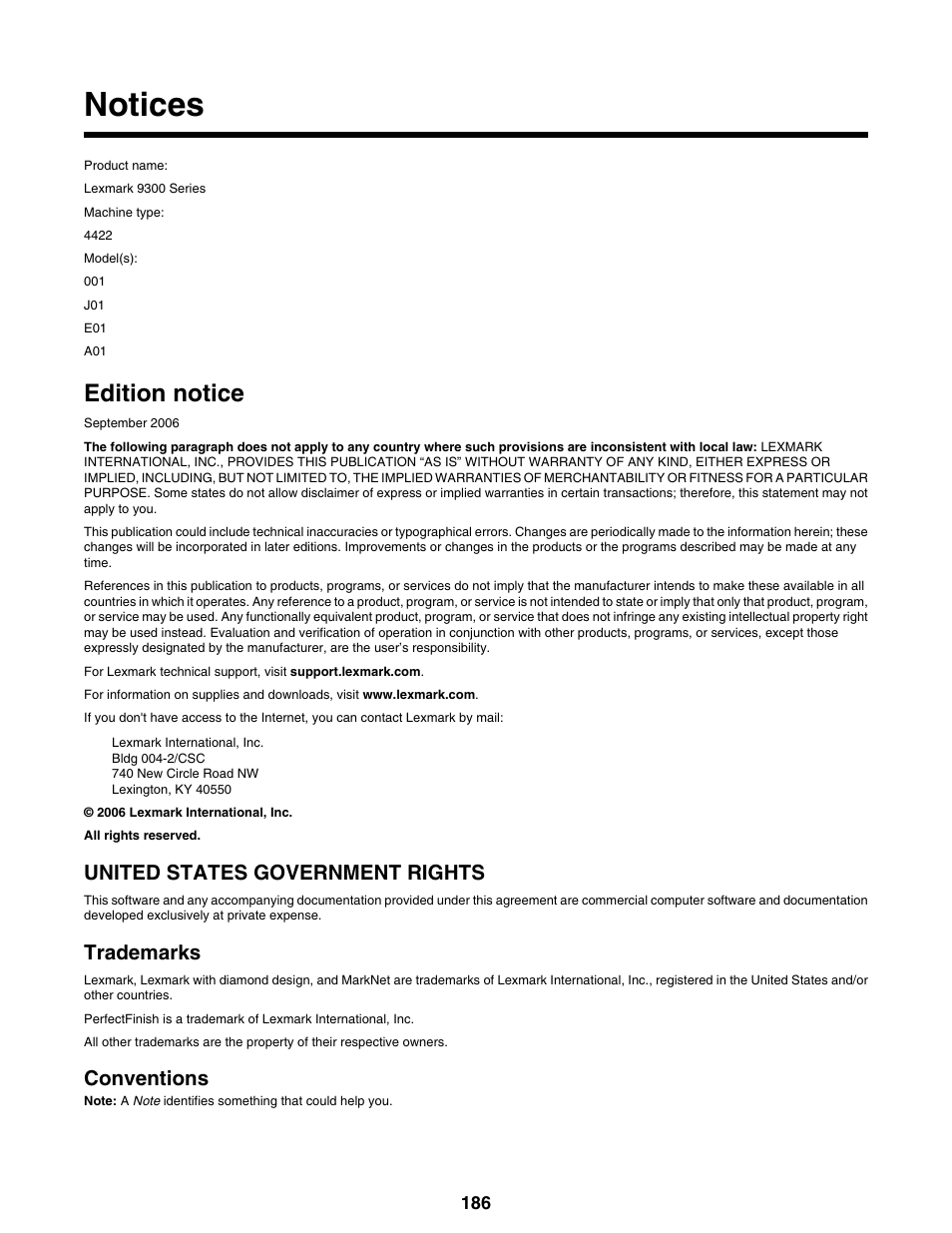 Notices, Edition notice, United states government rights | Trademarks, Conventions | Lexmark 9300 Series User Manual | Page 186 / 198