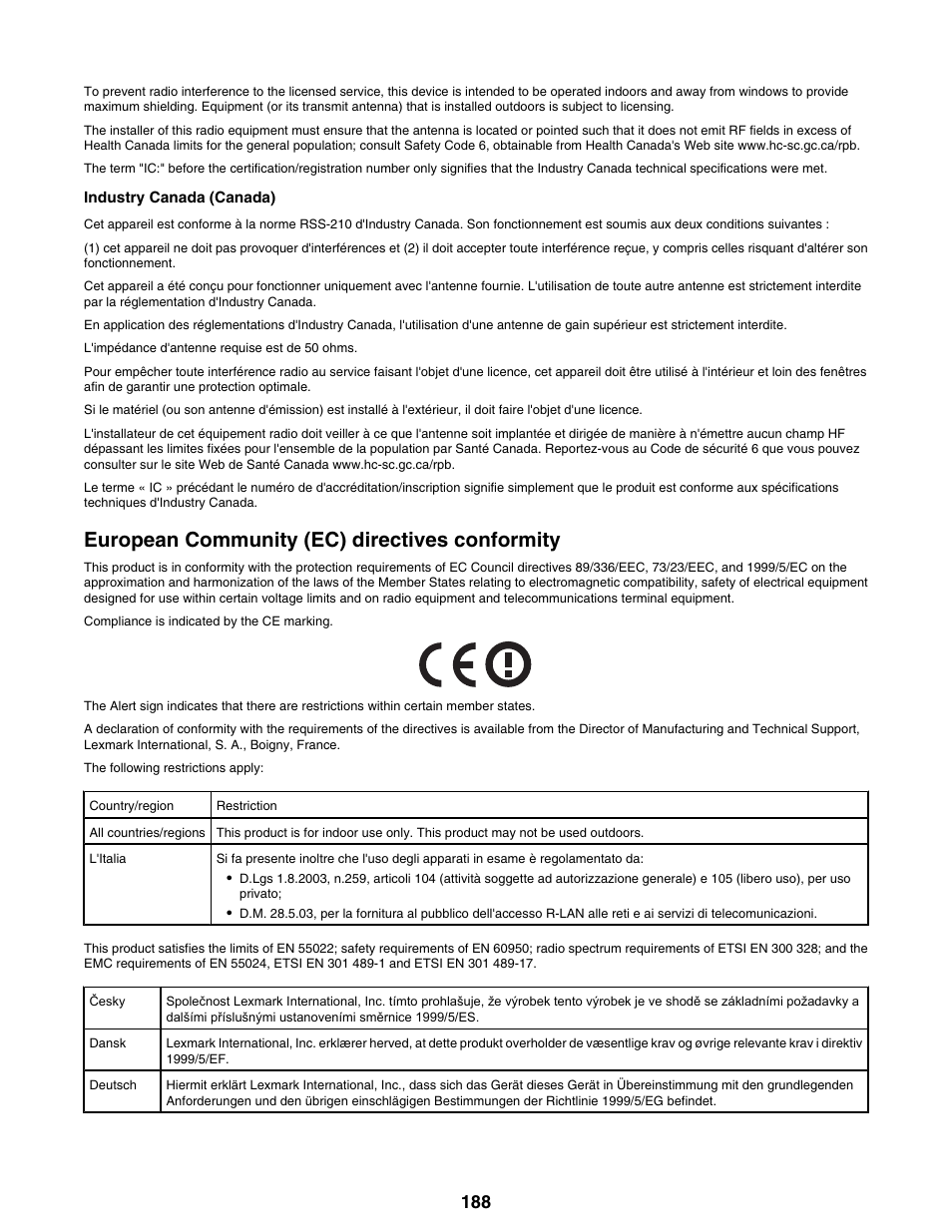 European community (ec) directives conformity | Lexmark 9300 Series User Manual | Page 188 / 198