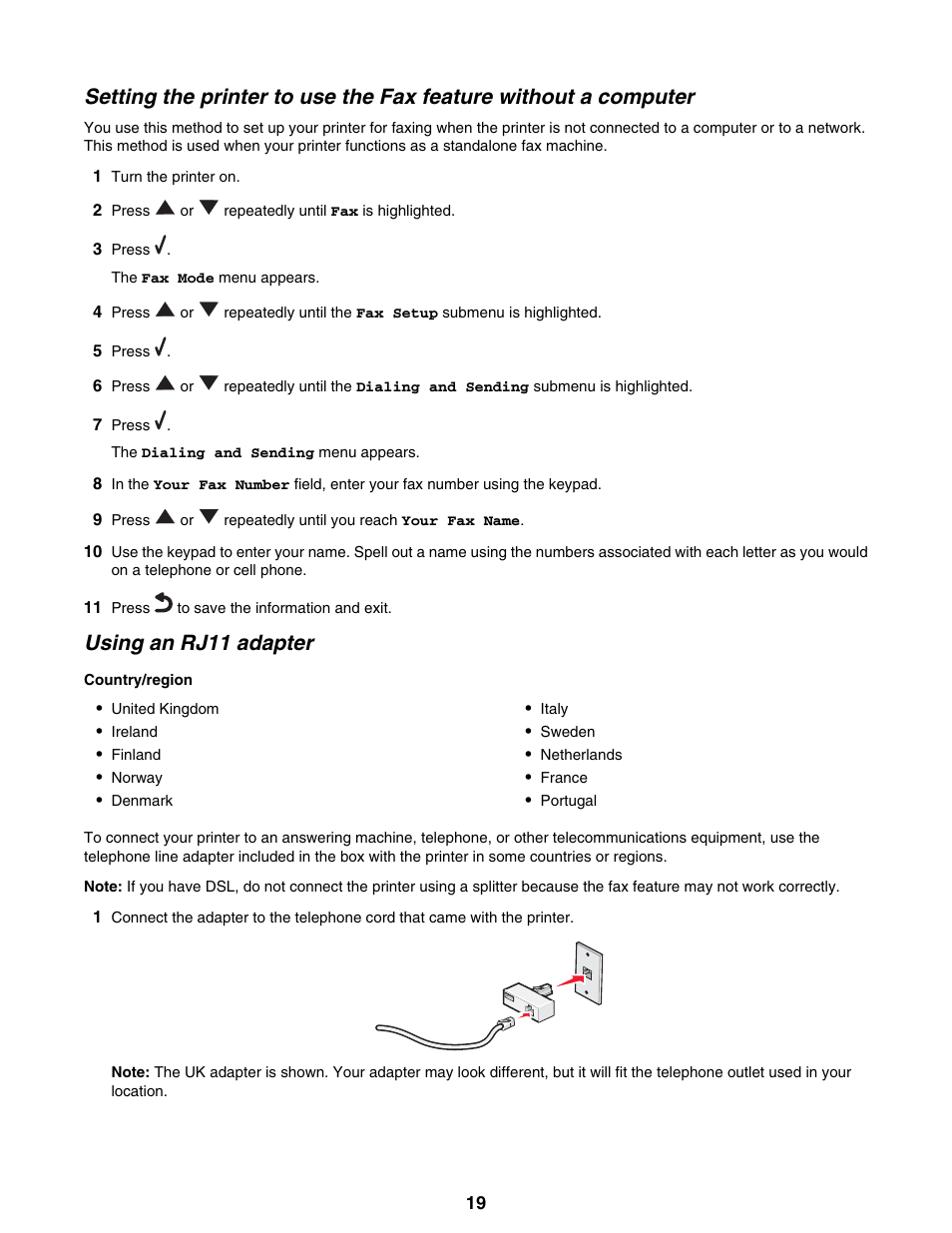 Using an rj11 adapter | Lexmark 9300 Series User Manual | Page 19 / 198