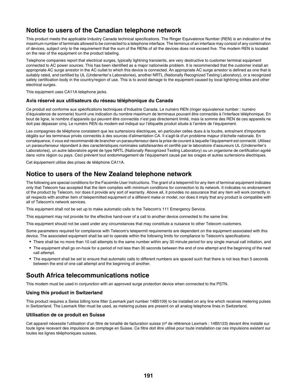 Notice to users of the canadian telephone network, South africa telecommunications notice | Lexmark 9300 Series User Manual | Page 191 / 198