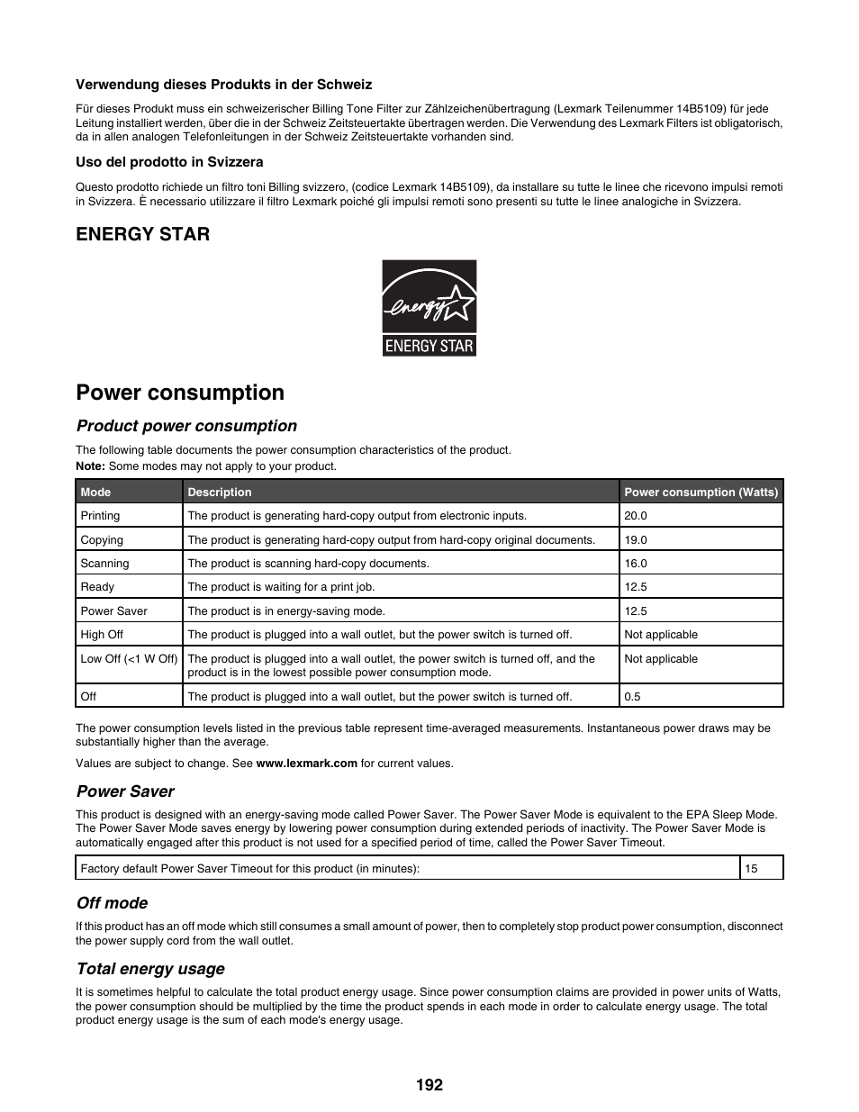 Energy star, Power consumption, Product power consumption | Power saver, Off mode, Total energy usage | Lexmark 9300 Series User Manual | Page 192 / 198