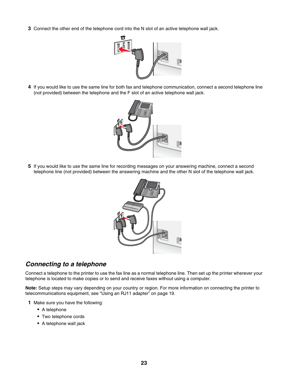 Connecting to a telephone | Lexmark 9300 Series User Manual | Page 23 / 198