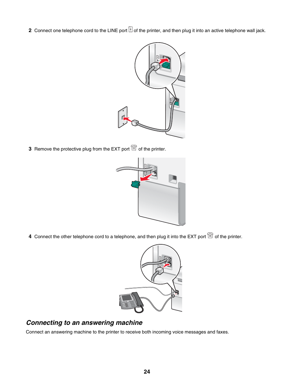 Connecting to an answering machine | Lexmark 9300 Series User Manual | Page 24 / 198