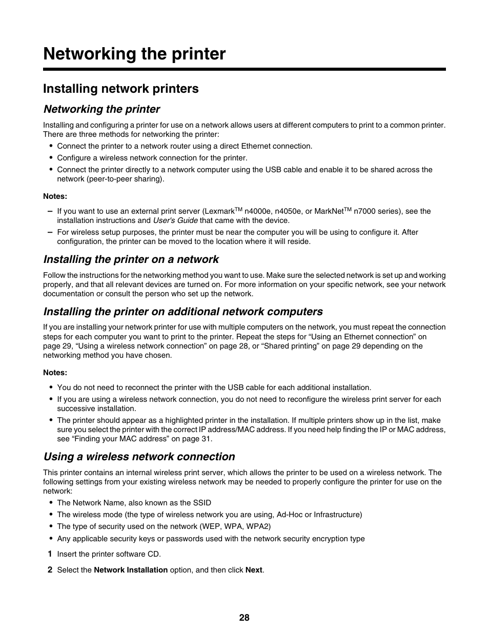Networking the printer, Installing network printers, Installing the printer on a network | Using a wireless network connection | Lexmark 9300 Series User Manual | Page 28 / 198