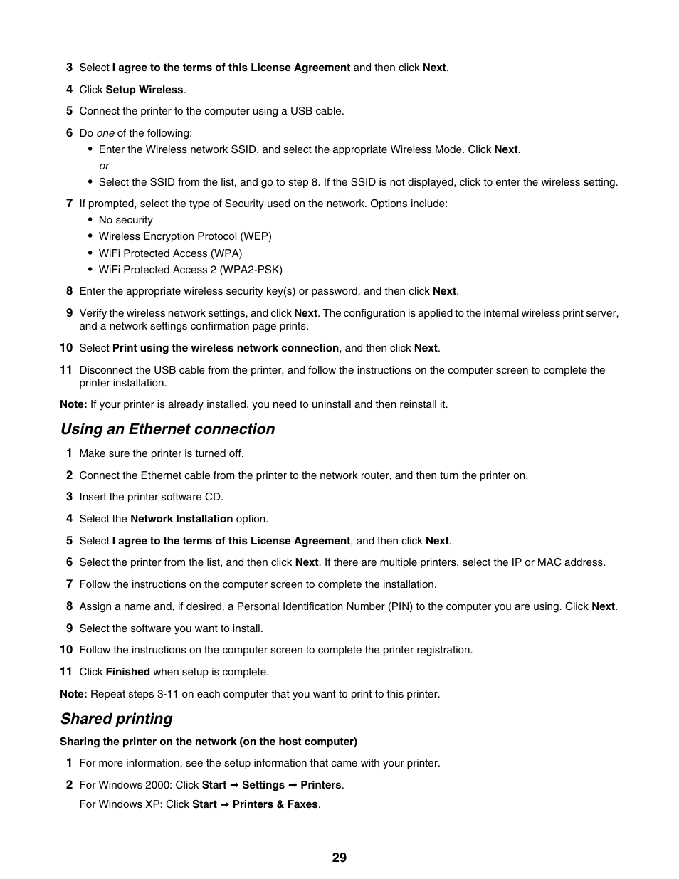 Using an ethernet connection, Shared printing | Lexmark 9300 Series User Manual | Page 29 / 198